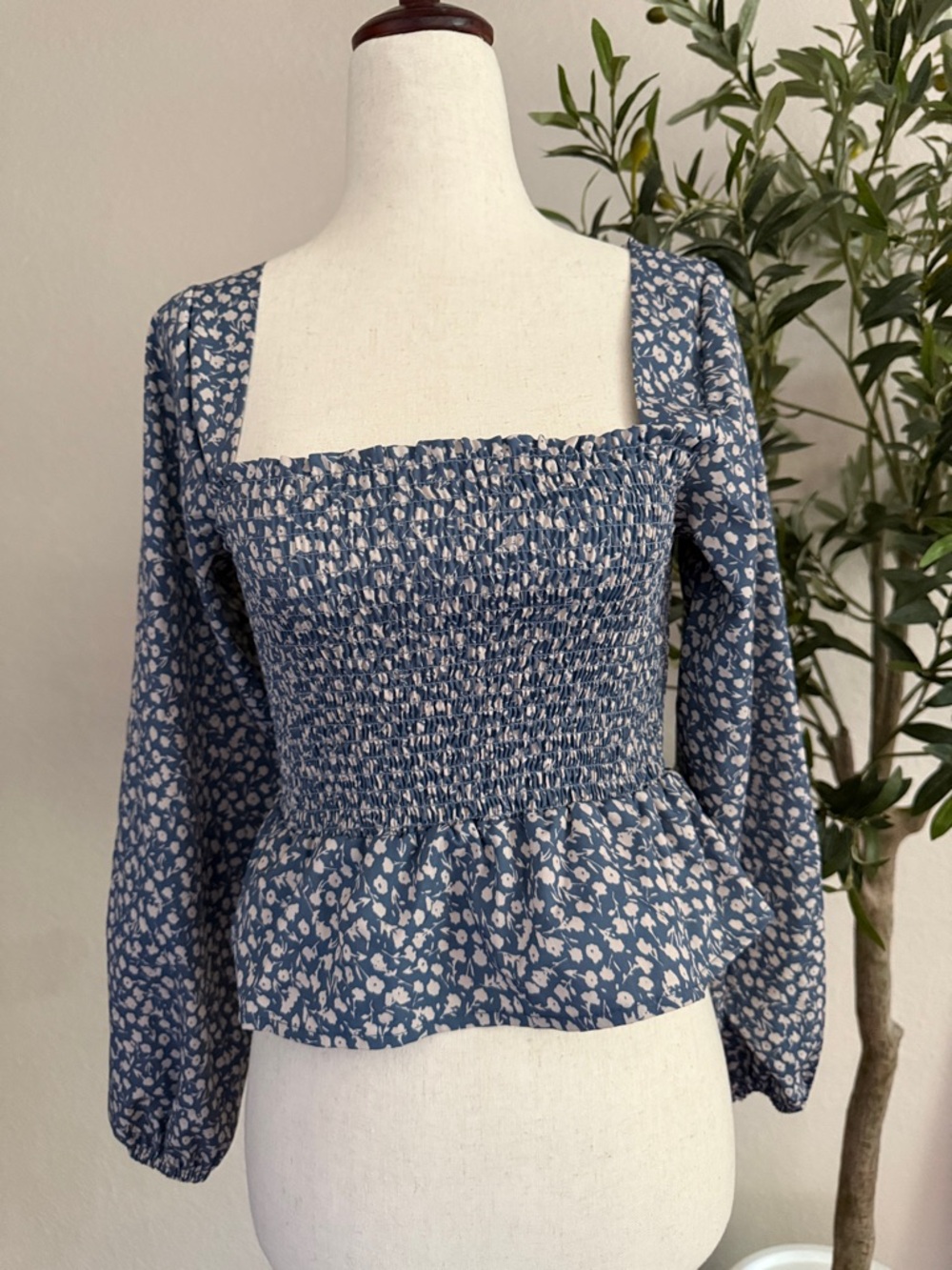 Smocked Blue Floral Long-Sleeve Peplum Top